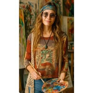 Susan Lawrence Art to Wear Top, Size Large,Nature Goddess Pattern